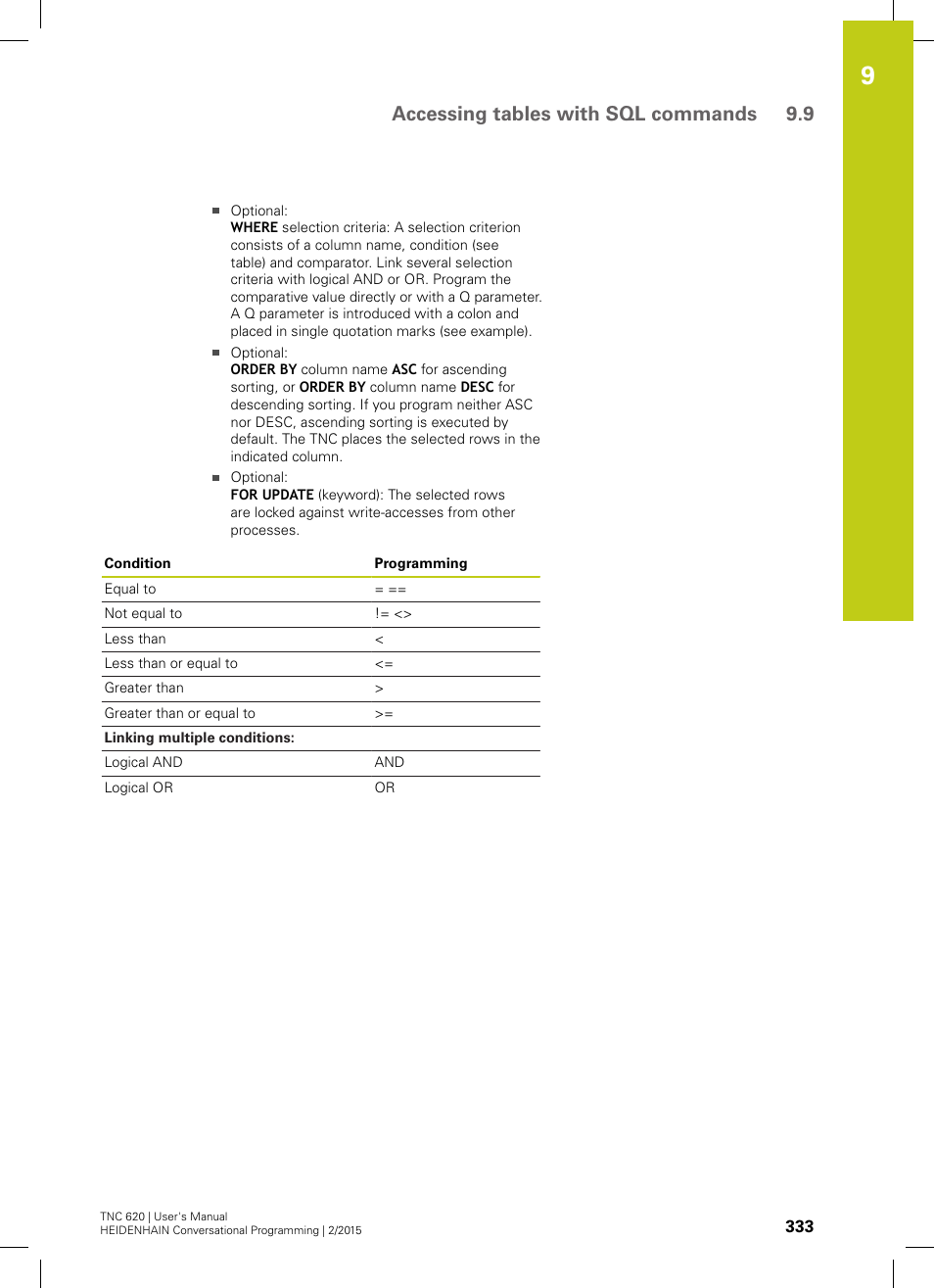 Accessing tables with sql commands 9.9 | HEIDENHAIN TNC 620 (81760x-02) User Manual | Page 333 / 656