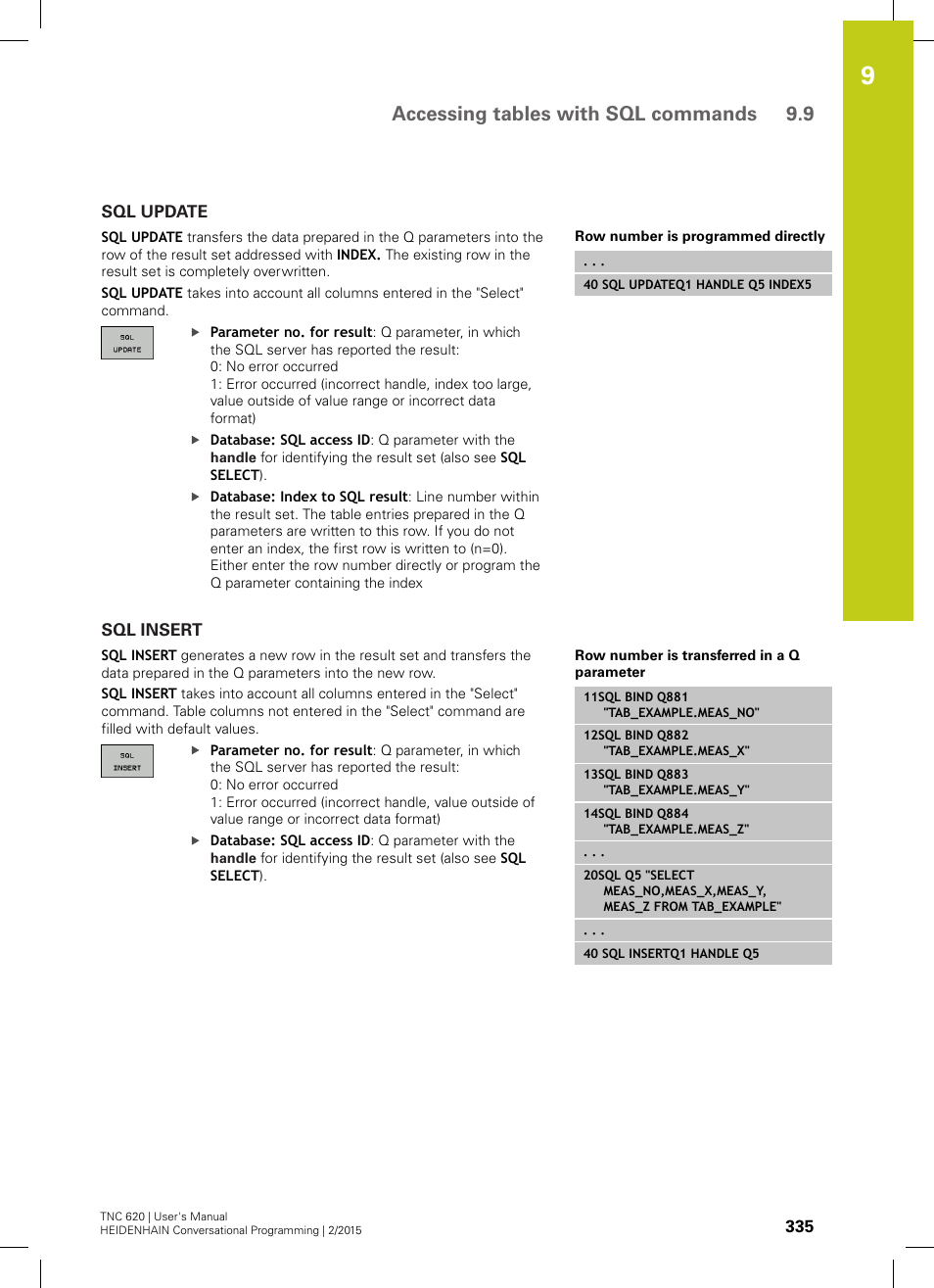 Sql update, Sql insert, Accessing tables with sql commands 9.9 | HEIDENHAIN TNC 620 (81760x-02) User Manual | Page 335 / 656