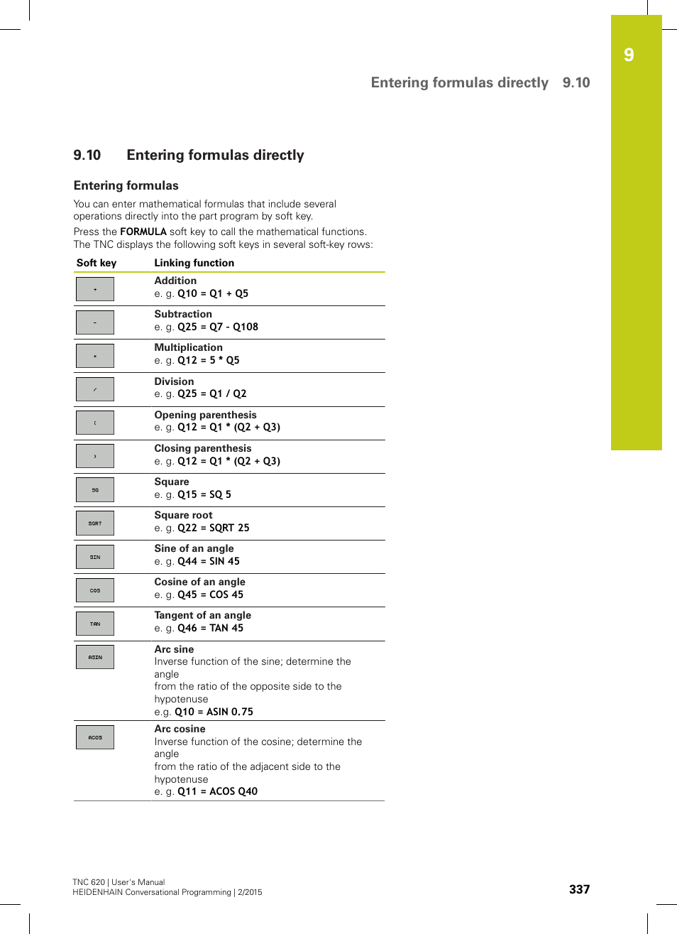 10 entering formulas directly, Entering formulas, Entering formulas directly | Entering formulas directly 9.10 | HEIDENHAIN TNC 620 (81760x-02) User Manual | Page 337 / 656