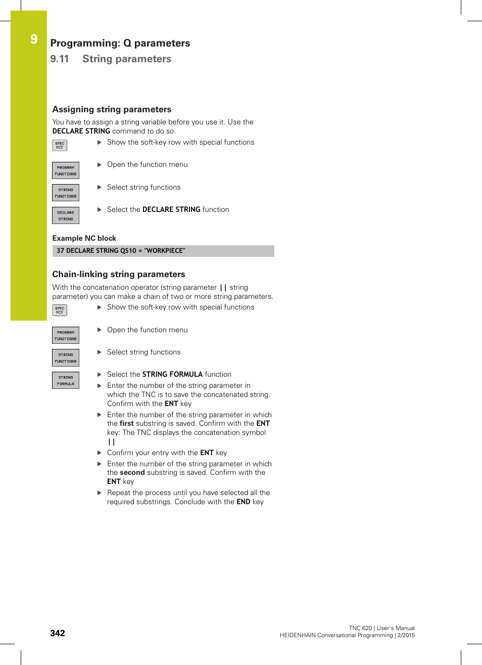 Assigning string parameters, Chain-linking string parameters, Programming: q parameters 9.11 string parameters | HEIDENHAIN TNC 620 (81760x-02) User Manual | Page 342 / 656