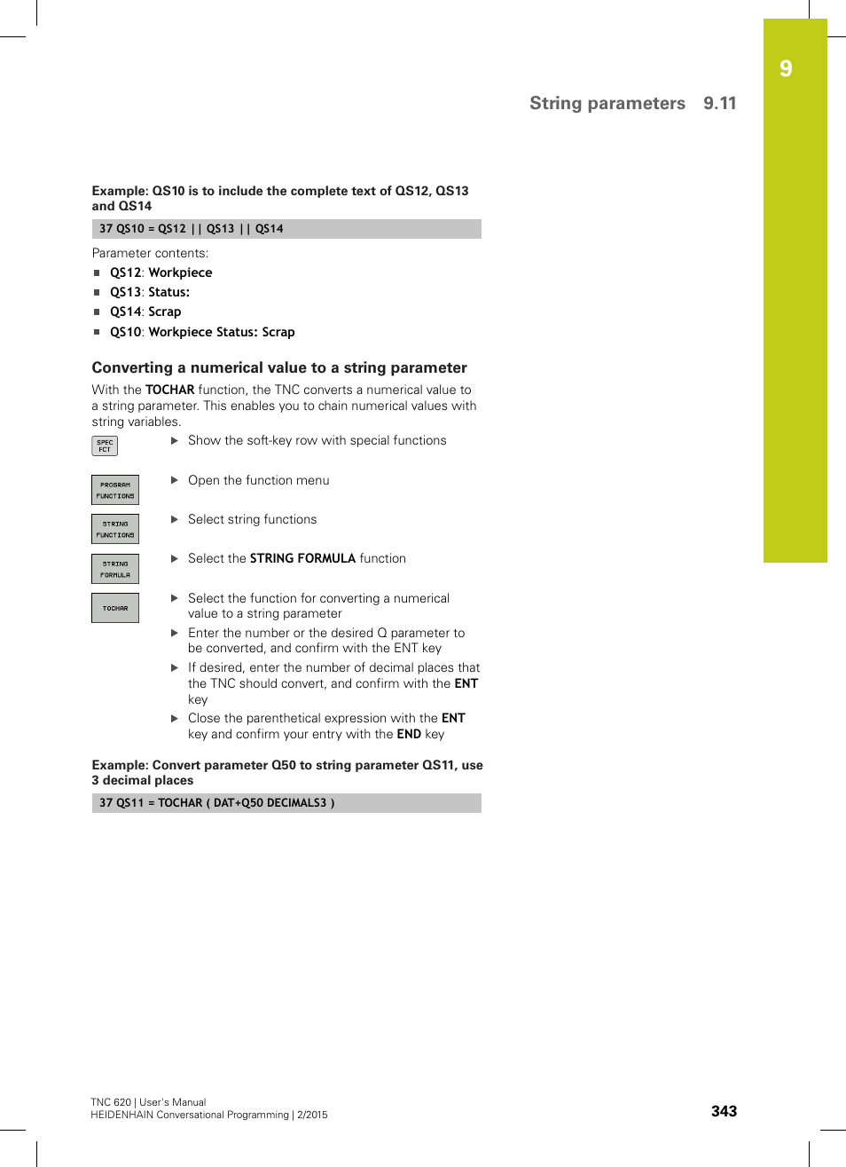 Converting a numerical value to a string parameter, String parameters 9.11 | HEIDENHAIN TNC 620 (81760x-02) User Manual | Page 343 / 656