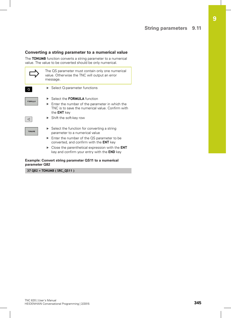 Converting a string parameter to a numerical value, String parameters 9.11 | HEIDENHAIN TNC 620 (81760x-02) User Manual | Page 345 / 656