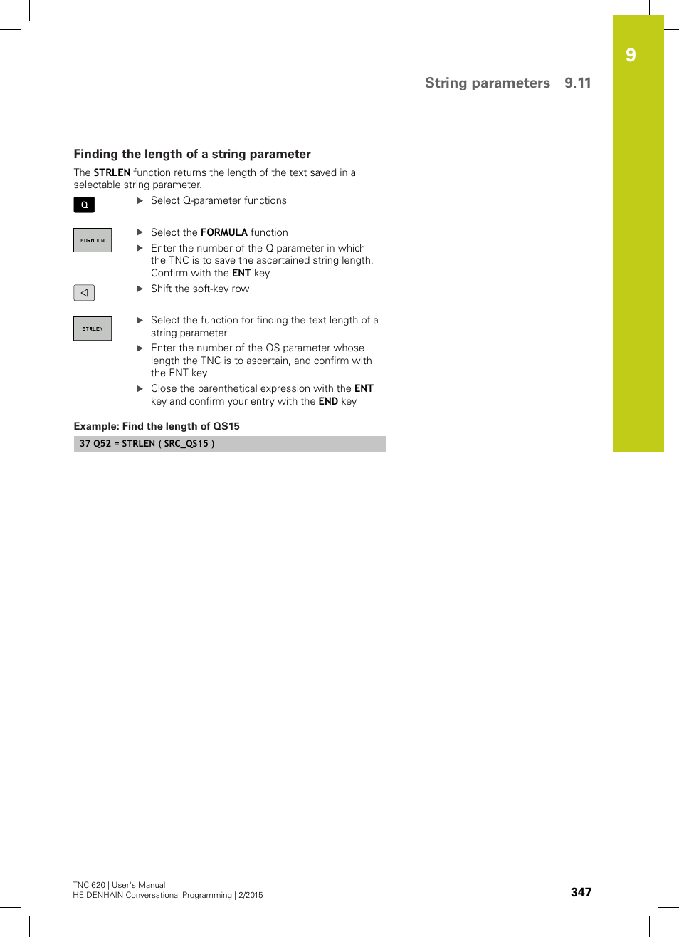 Finding the length of a string parameter, String parameters 9.11 | HEIDENHAIN TNC 620 (81760x-02) User Manual | Page 347 / 656