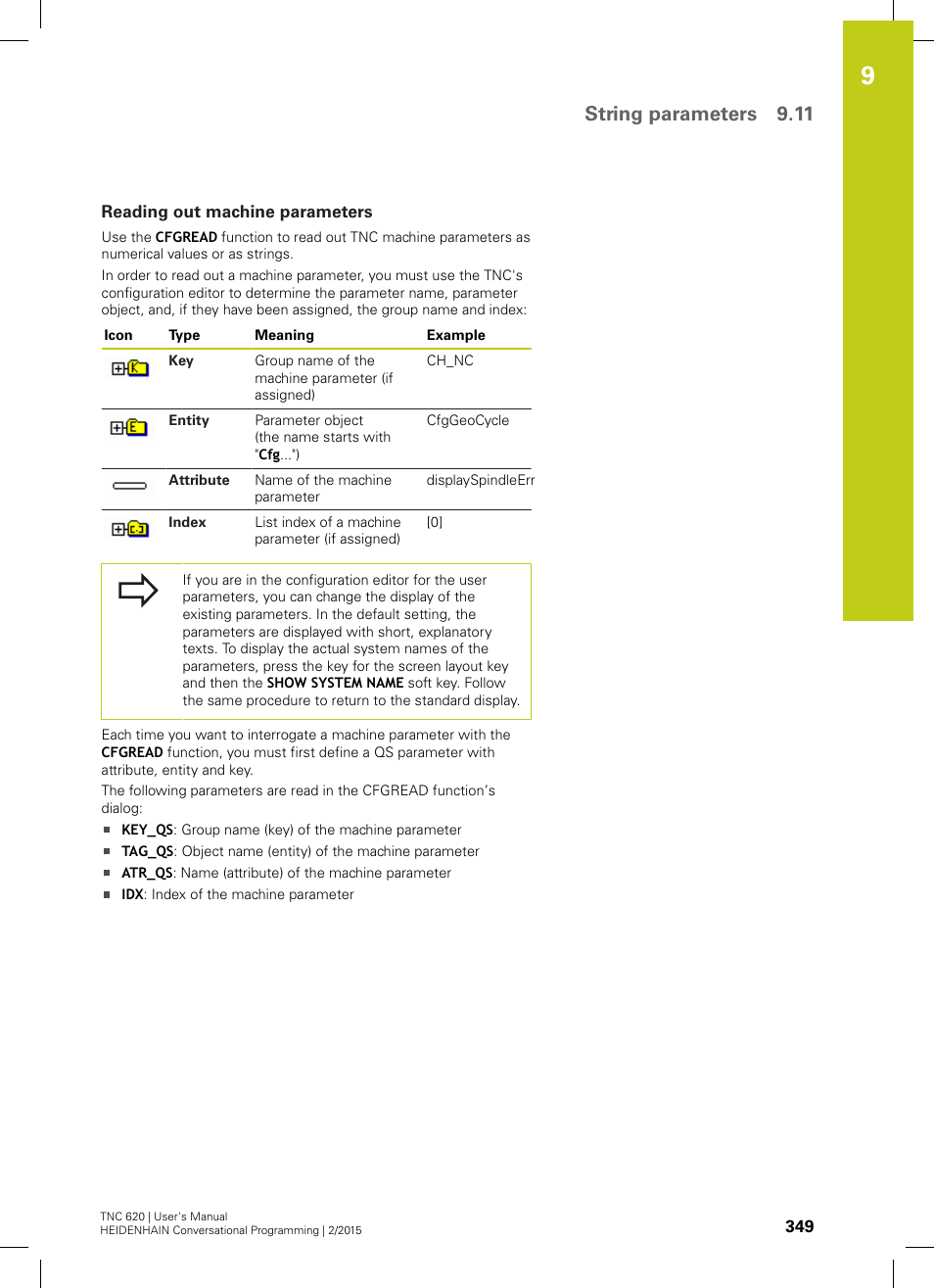 Reading out machine parameters, String parameters 9.11 | HEIDENHAIN TNC 620 (81760x-02) User Manual | Page 349 / 656