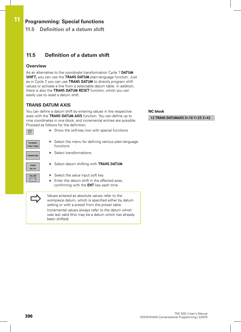 5 definition of a datum shift, Overview, Trans datum axis | Definition of a datum shift | HEIDENHAIN TNC 620 (81760x-02) User Manual | Page 396 / 656