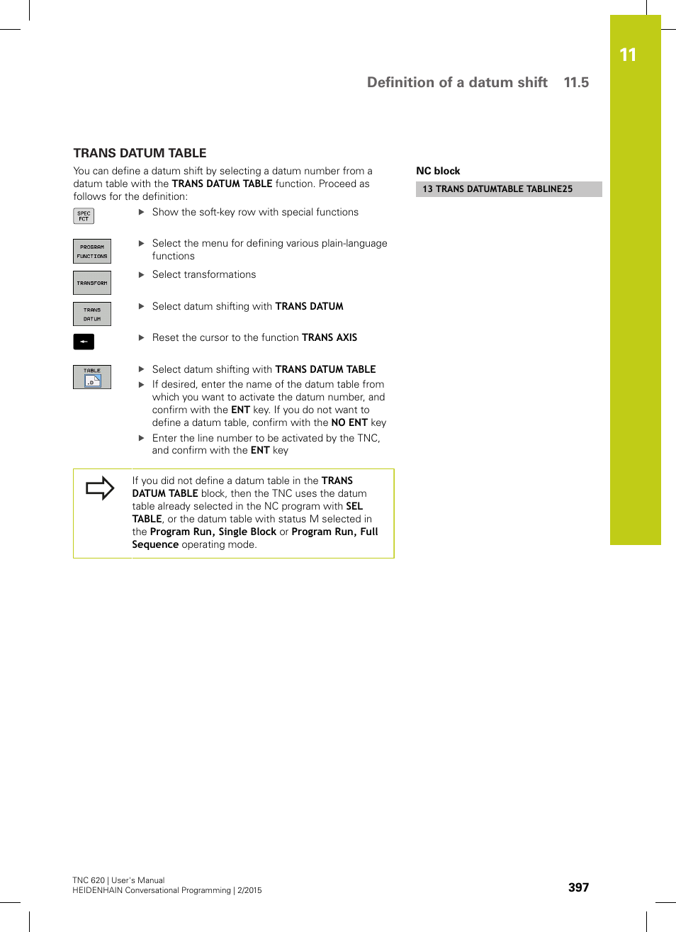 Trans datum table, Definition of a datum shift 11.5 | HEIDENHAIN TNC 620 (81760x-02) User Manual | Page 397 / 656