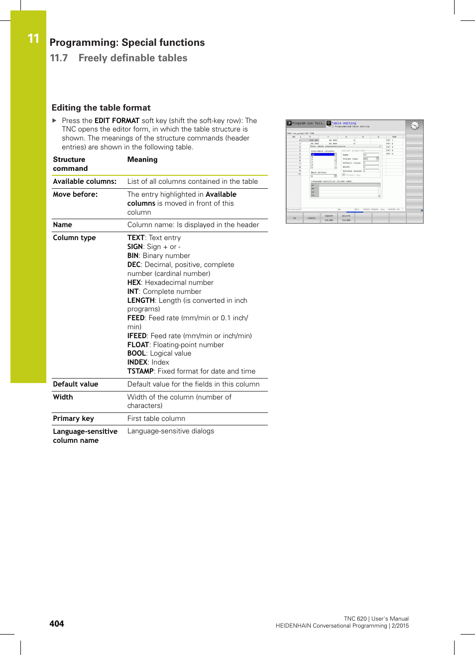 Editing the table format | HEIDENHAIN TNC 620 (81760x-02) User Manual | Page 404 / 656