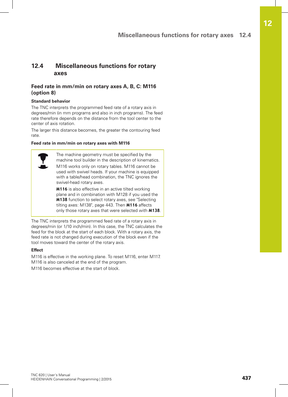 4 miscellaneous functions for rotary axes, Miscellaneous functions for rotary axes, Miscellaneous functions for rotary axes 12.4 | HEIDENHAIN TNC 620 (81760x-02) User Manual | Page 437 / 656