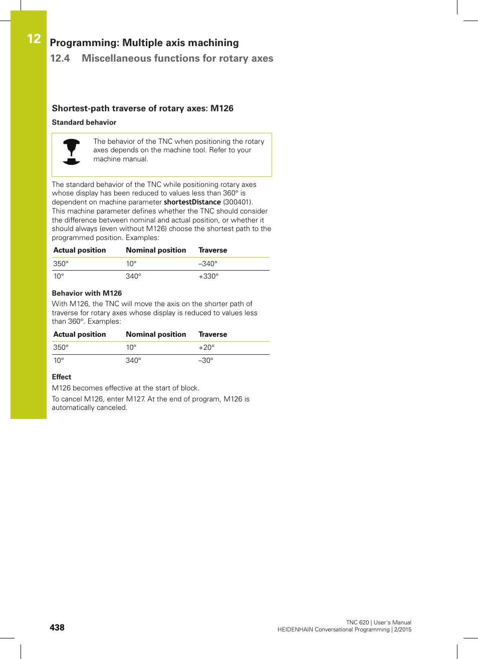 Shortest-path traverse of rotary axes: m126 | HEIDENHAIN TNC 620 (81760x-02) User Manual | Page 438 / 656