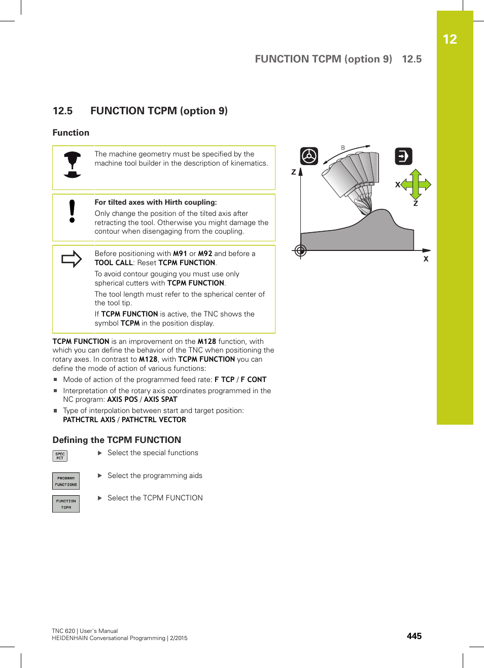 5 function tcpm (option 9), Function, Defining the tcpm function | Function tcpm (option 9), Function tcpm (option 9) 12.5 | HEIDENHAIN TNC 620 (81760x-02) User Manual | Page 445 / 656