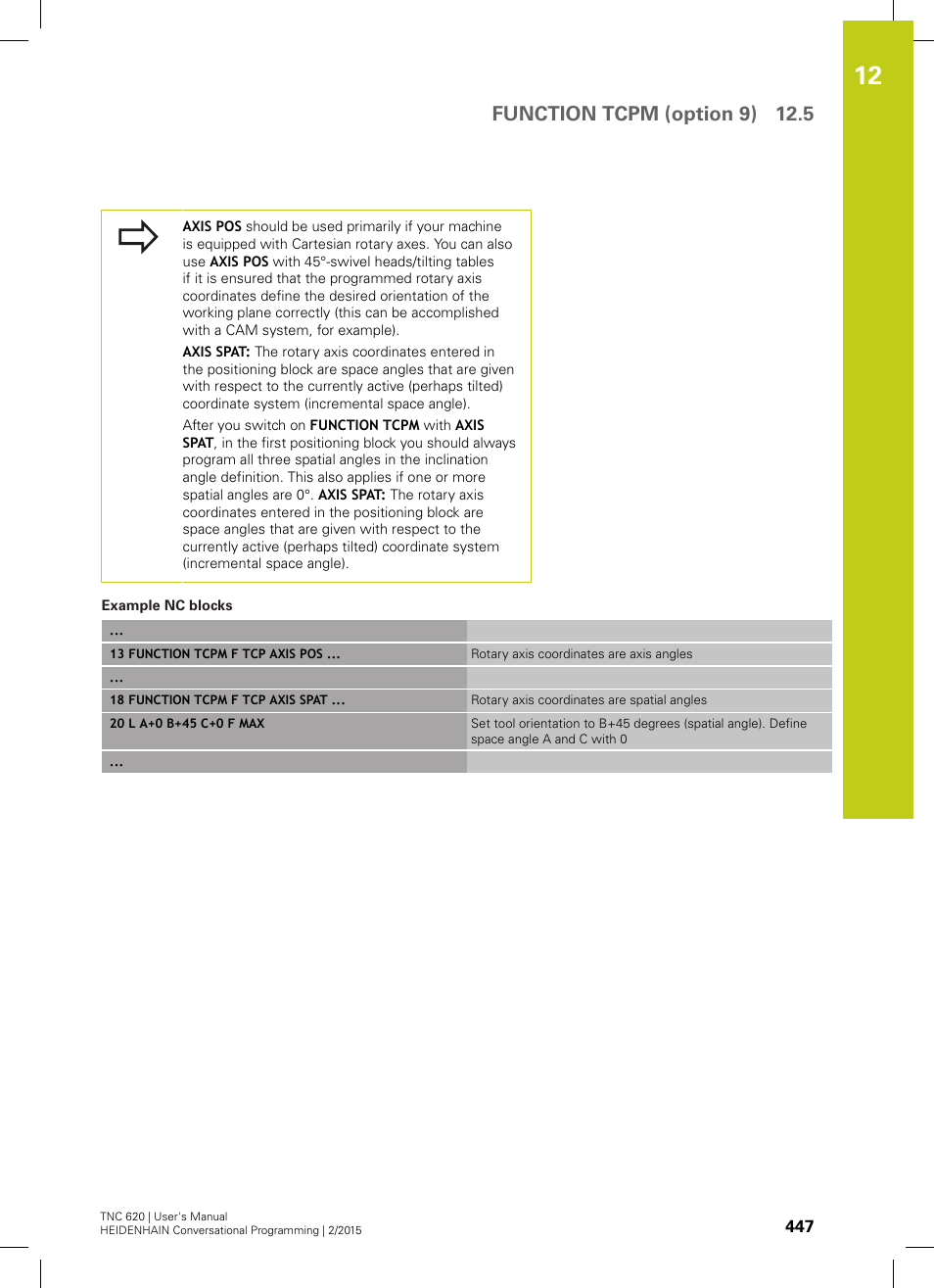 Function tcpm (option 9) 12.5 | HEIDENHAIN TNC 620 (81760x-02) User Manual | Page 447 / 656