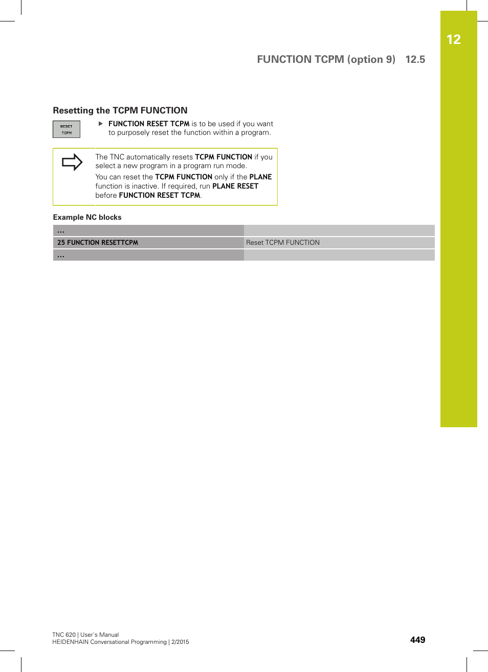 Resetting the tcpm function, Function tcpm (option 9) 12.5 | HEIDENHAIN TNC 620 (81760x-02) User Manual | Page 449 / 656