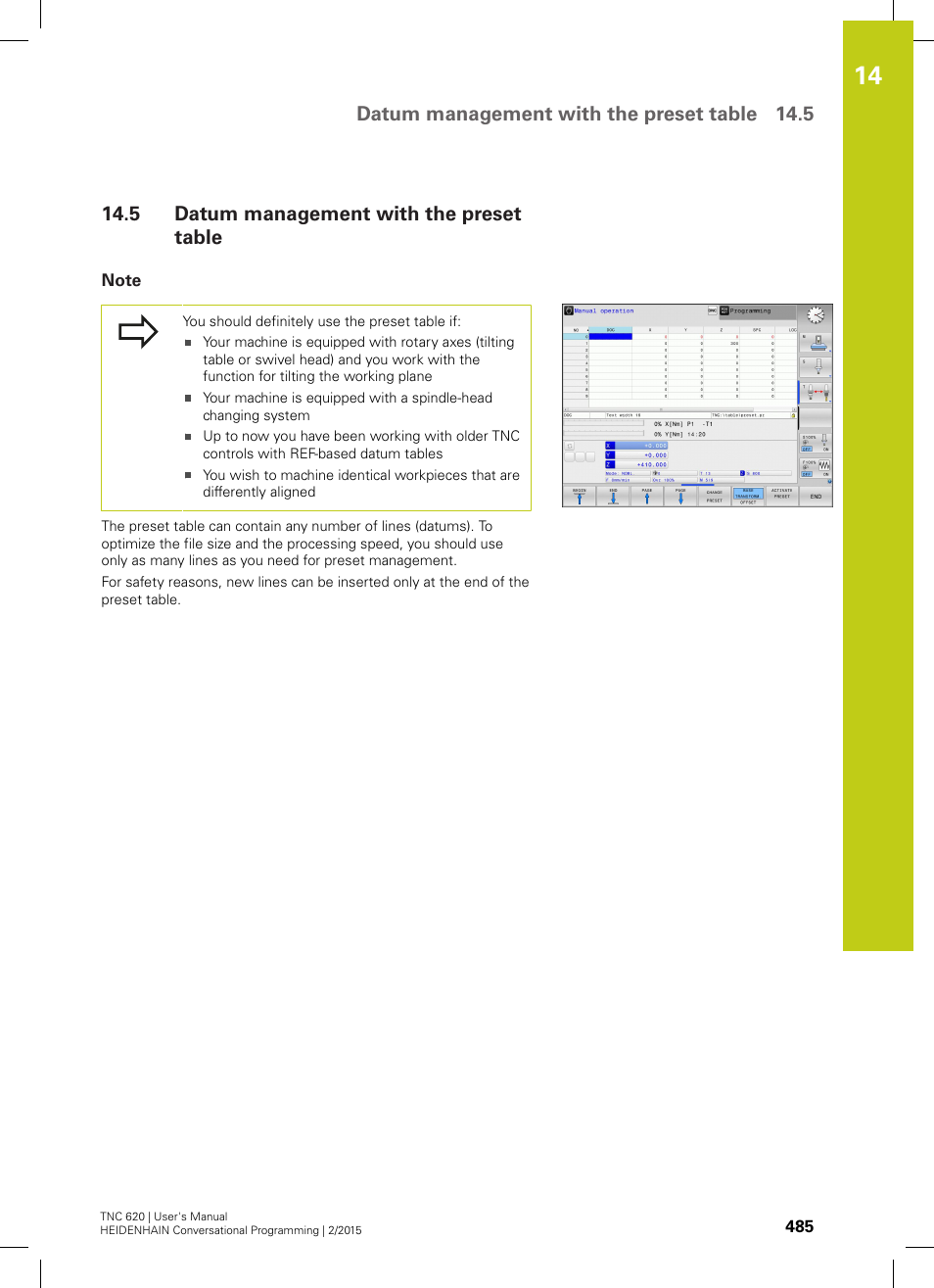 5 datum management with the preset table, Note, Datum management with the preset table | Datum management with the preset table 14.5 | HEIDENHAIN TNC 620 (81760x-02) User Manual | Page 485 / 656