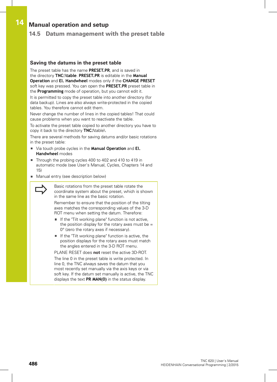 Saving the datums in the preset table | HEIDENHAIN TNC 620 (81760x-02) User Manual | Page 486 / 656