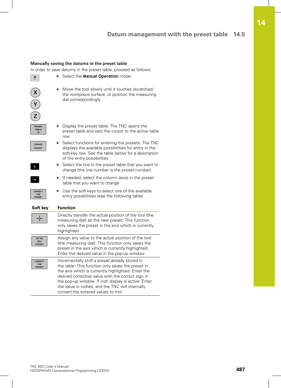 Datum management with the preset table 14.5 | HEIDENHAIN TNC 620 (81760x-02) User Manual | Page 487 / 656