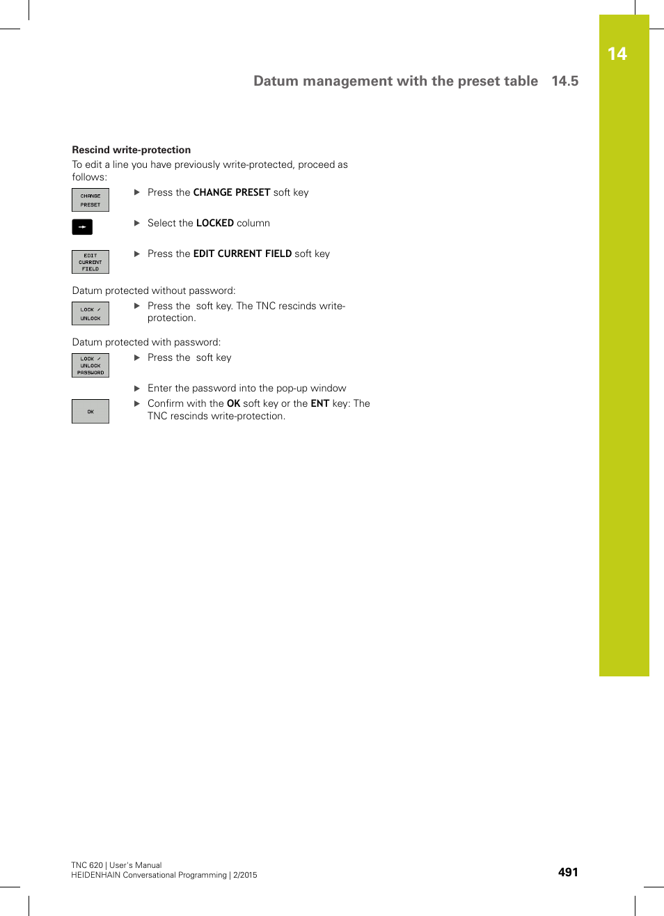 Datum management with the preset table 14.5 | HEIDENHAIN TNC 620 (81760x-02) User Manual | Page 491 / 656