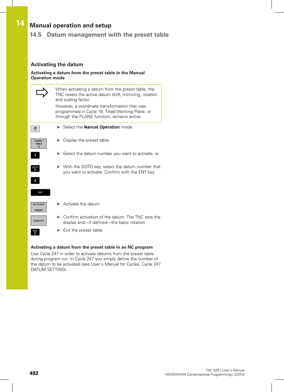 Activating the datum | HEIDENHAIN TNC 620 (81760x-02) User Manual | Page 492 / 656