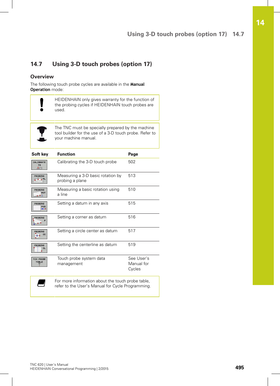 7 using 3-d touch probes (option 17), Overview, Ed ("using 3-d touch probes (option 17) | Using 3-d touch probes (option 17) | HEIDENHAIN TNC 620 (81760x-02) User Manual | Page 495 / 656