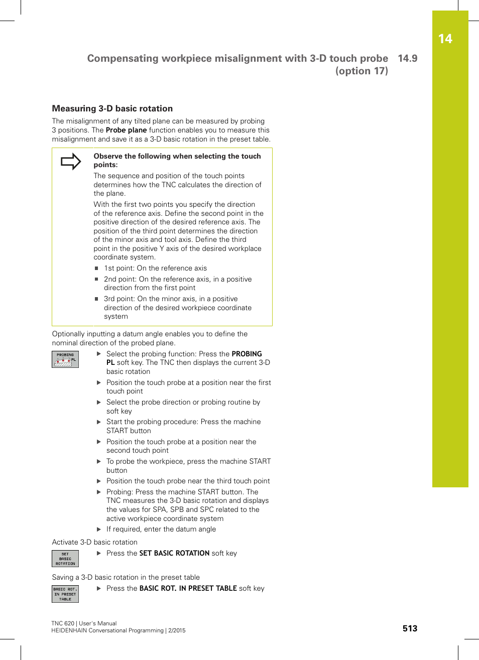 Measuring 3-d basic rotation, Or aligning a plane ("measuring 3-d | HEIDENHAIN TNC 620 (81760x-02) User Manual | Page 513 / 656