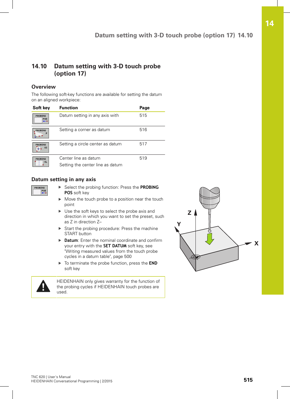 10 datum setting with 3-d touch probe (option 17), Overview, Datum setting in any axis | Datum setting with 3-d touch probe (option 17), H probe: see "datum setting with | HEIDENHAIN TNC 620 (81760x-02) User Manual | Page 515 / 656