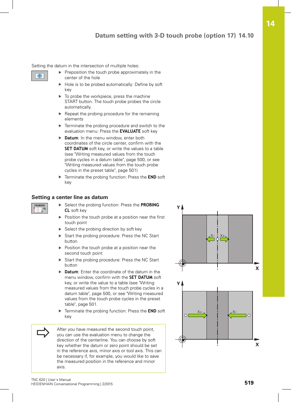 Setting a center line as datum, Um" ("setting a center | HEIDENHAIN TNC 620 (81760x-02) User Manual | Page 519 / 656