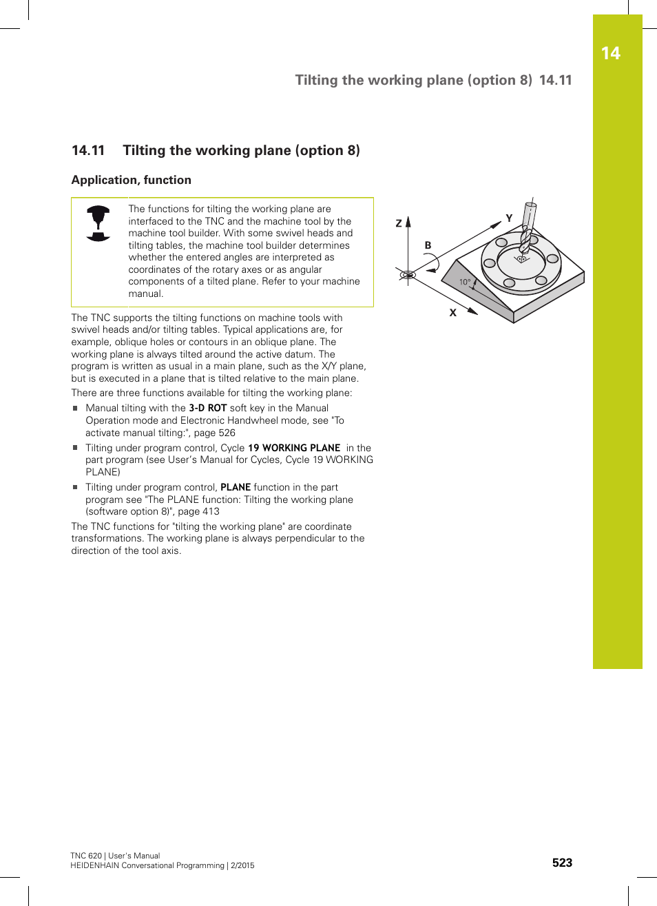 11 tilting the working plane (option 8), Application, function, Tilting the working plane (option 8) | HEIDENHAIN TNC 620 (81760x-02) User Manual | Page 523 / 656