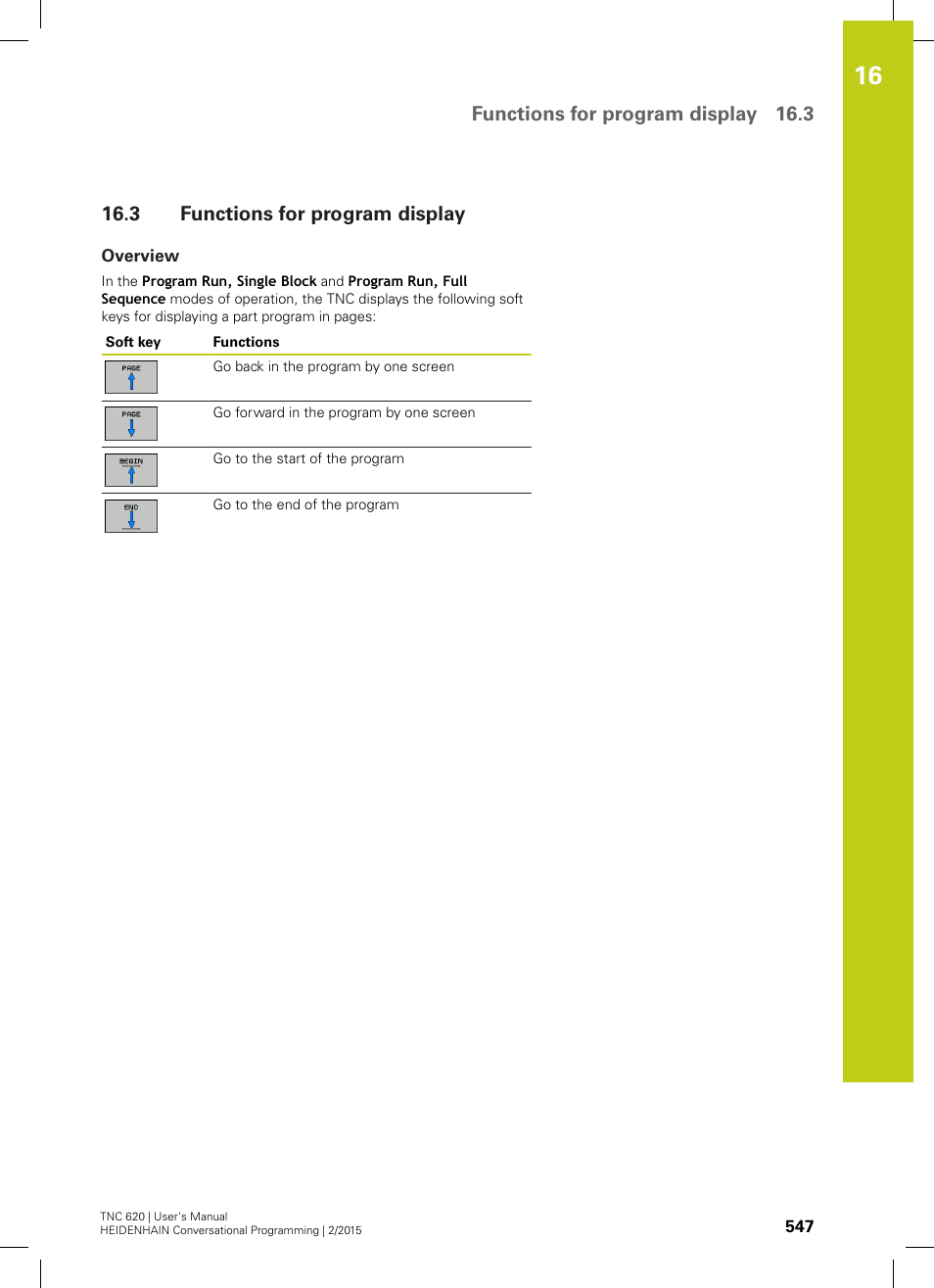 3 functions for program display, Overview, Functions for program display | Functions for program display 16.3 | HEIDENHAIN TNC 620 (81760x-02) User Manual | Page 547 / 656