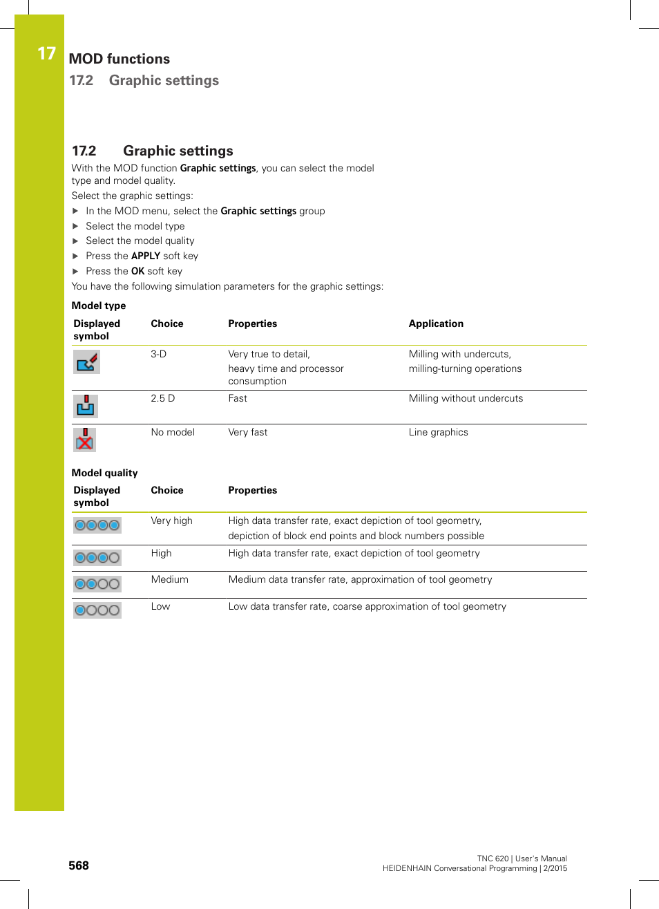2 graphic settings, Tings" ("graphic settings, Graphic settings | Mod functions 17.2 graphic settings | HEIDENHAIN TNC 620 (81760x-02) User Manual | Page 568 / 656