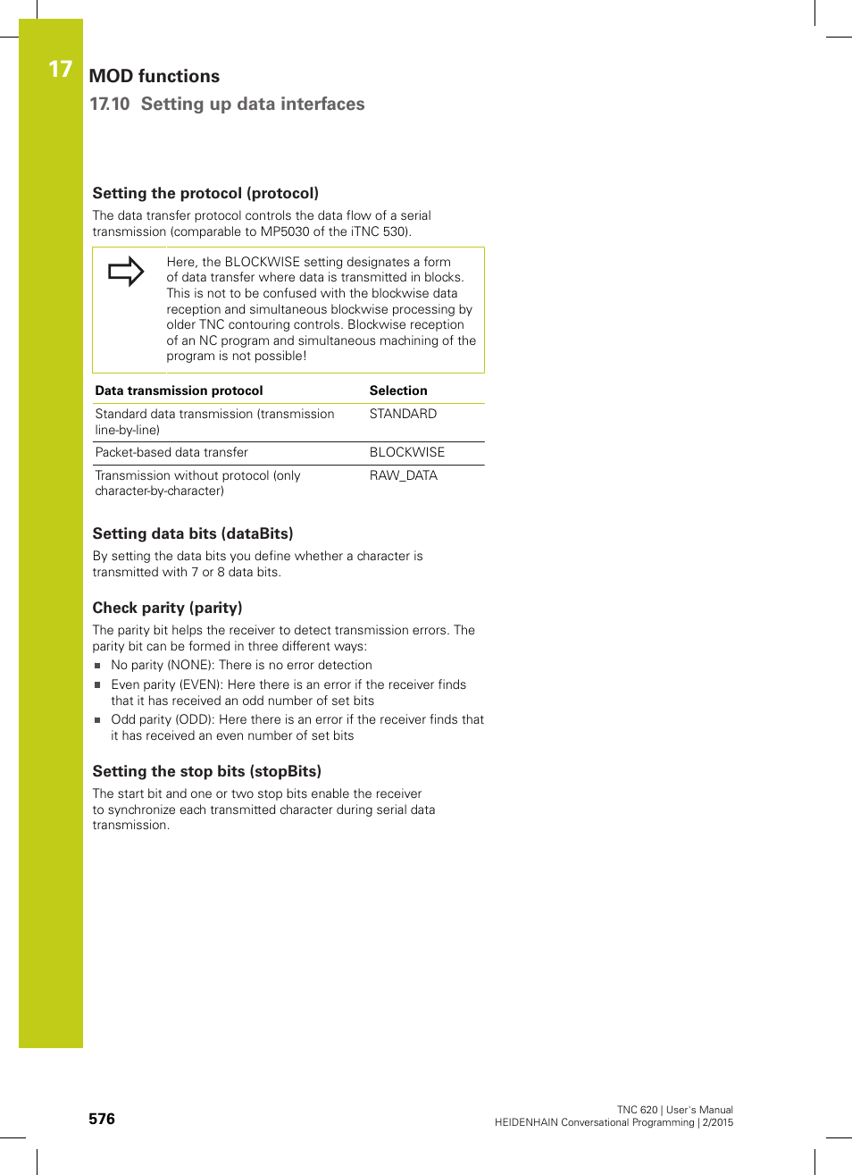 Setting the protocol (protocol), Setting data bits (databits), Check parity (parity) | Setting the stop bits (stopbits), Mod functions 17.10 setting up data interfaces | HEIDENHAIN TNC 620 (81760x-02) User Manual | Page 576 / 656