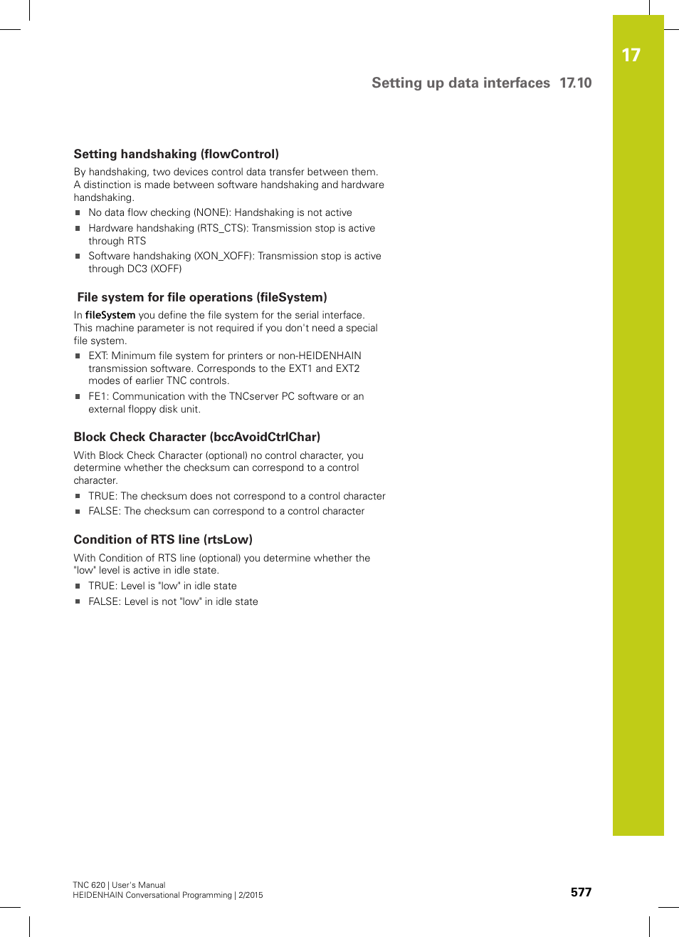 Setting handshaking (flowcontrol), File system for file operations (filesystem), Block check character (bccavoidctrlchar) | Condition of rts line (rtslow), Setting up data interfaces 17.10 | HEIDENHAIN TNC 620 (81760x-02) User Manual | Page 577 / 656