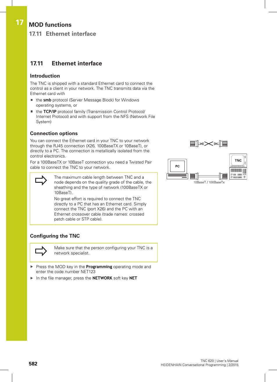 11 ethernet interface, Introduction, Connection options | Configuring the tnc, Ethernet interface, Mod functions 17.11 ethernet interface | HEIDENHAIN TNC 620 (81760x-02) User Manual | Page 582 / 656