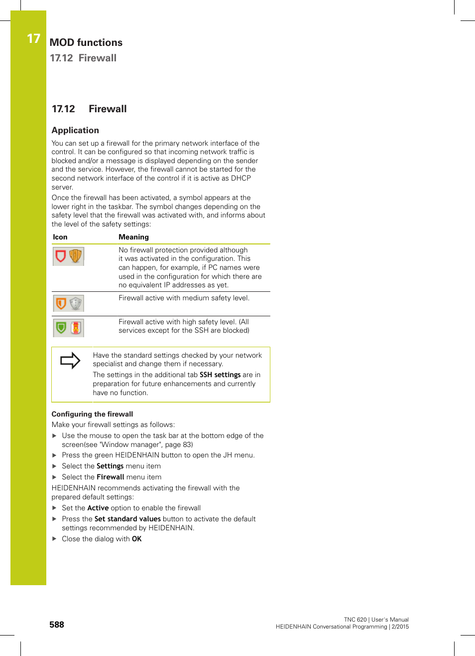 12 firewall, Application, Firewall | Mod functions 17.12 firewall | HEIDENHAIN TNC 620 (81760x-02) User Manual | Page 588 / 656