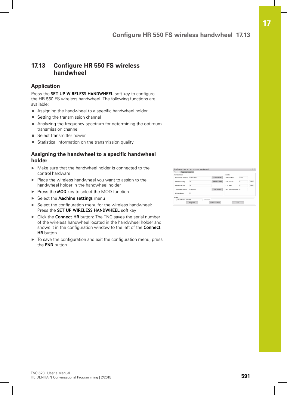 13 configure hr 550 fs wireless handwheel, Application, Configure hr 550 fs wireless handwheel | HEIDENHAIN TNC 620 (81760x-02) User Manual | Page 591 / 656