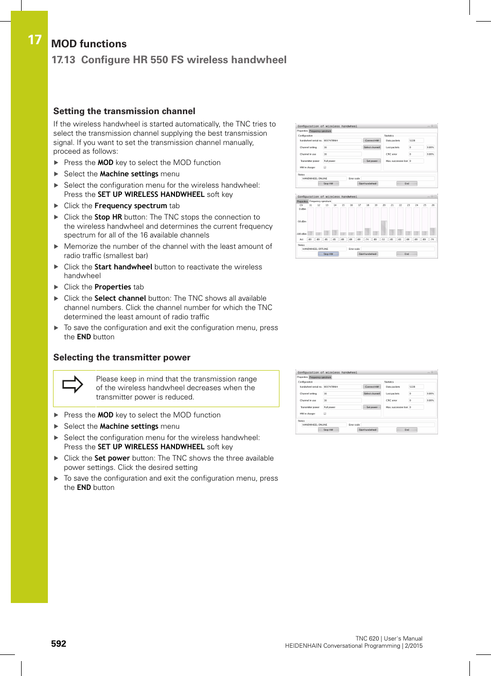 Setting the transmission channel, Selecting the transmitter power | HEIDENHAIN TNC 620 (81760x-02) User Manual | Page 592 / 656