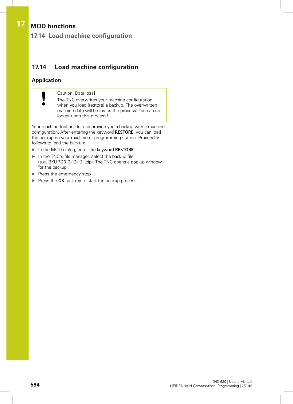 14 load machine configuration, Application, Load machine configuration | Mod functions 17.14 load machine configuration | HEIDENHAIN TNC 620 (81760x-02) User Manual | Page 594 / 656