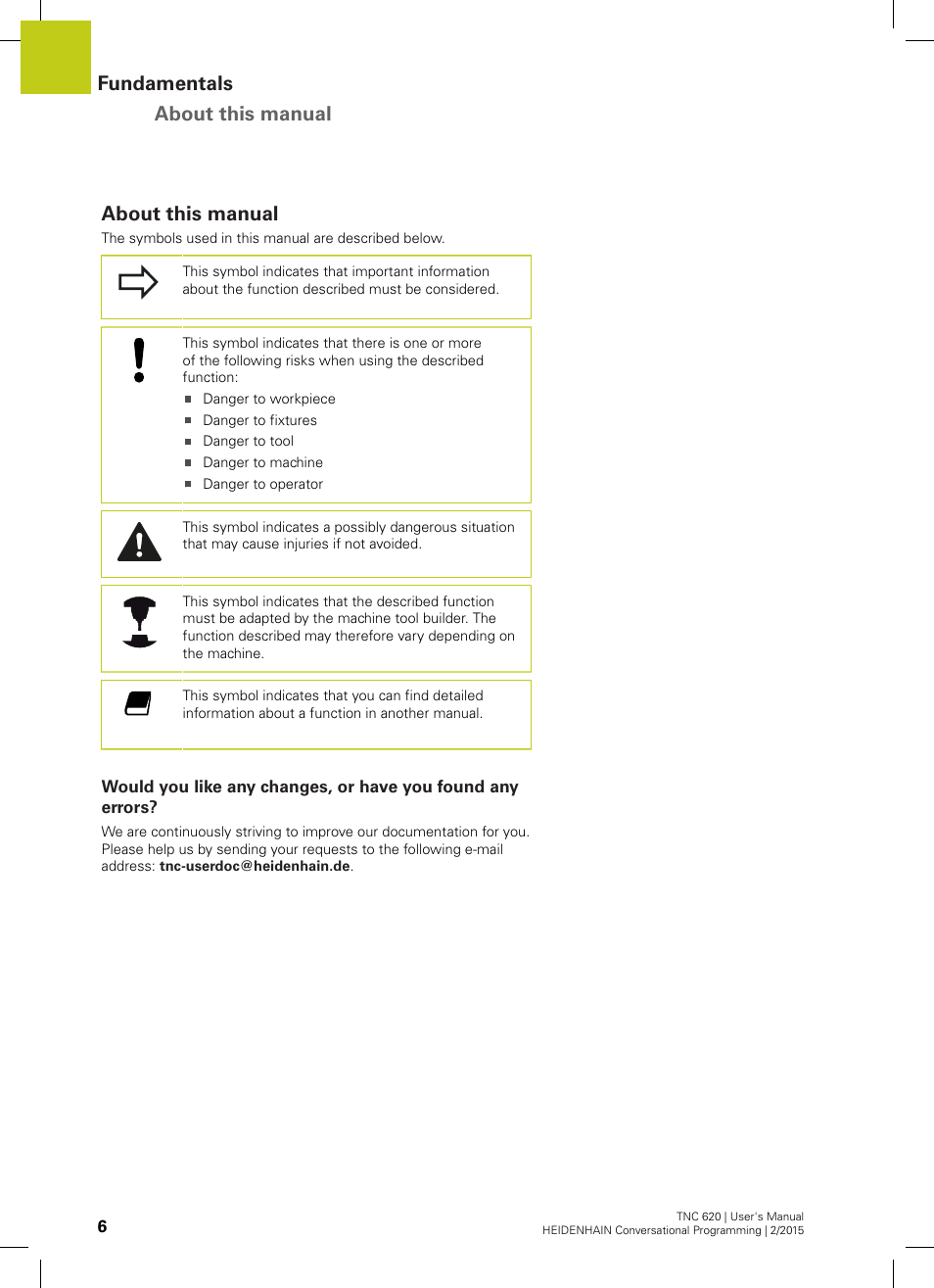 About this manual, Fundamentals about this manual | HEIDENHAIN TNC 620 (81760x-02) User Manual | Page 6 / 656