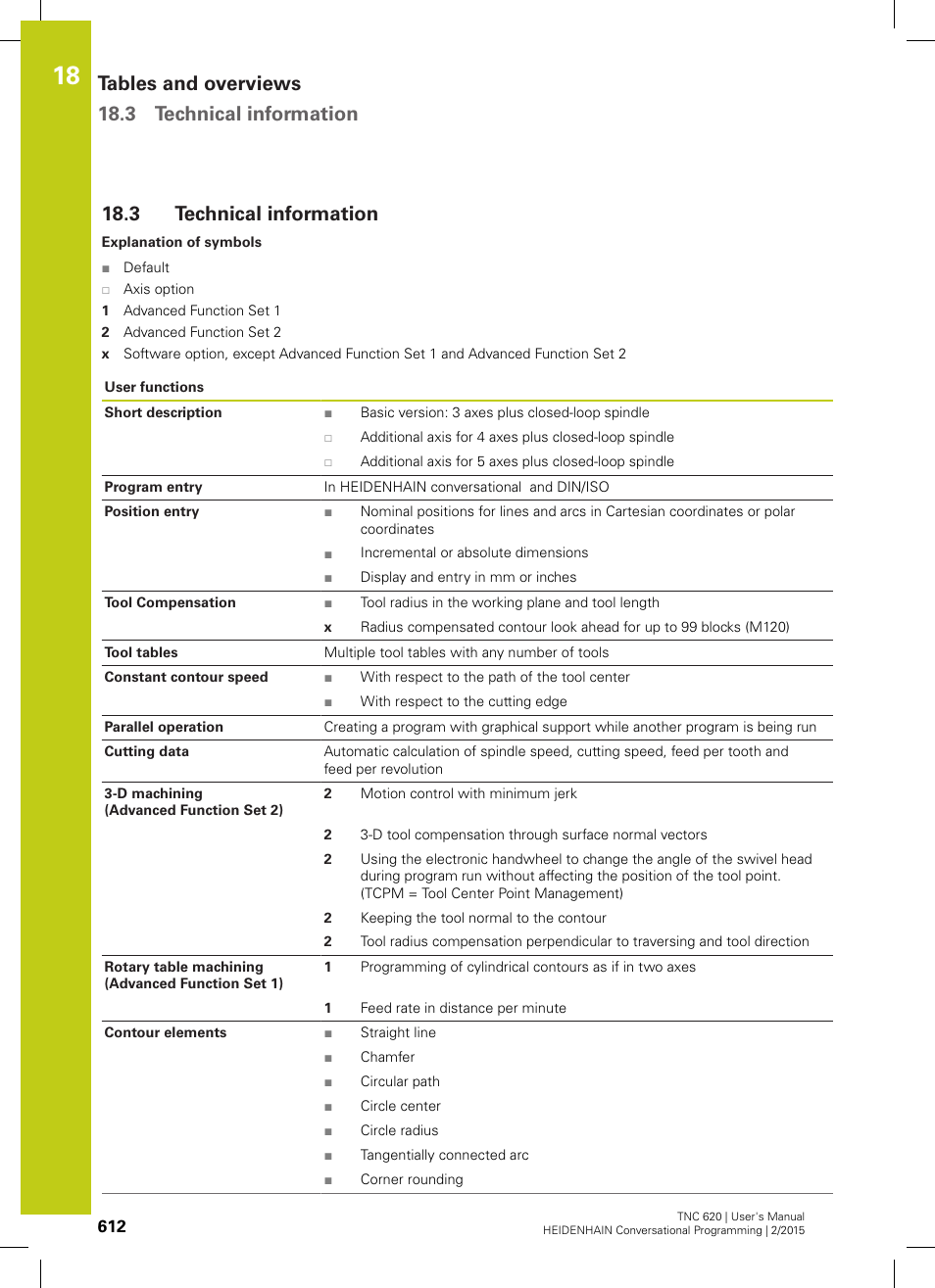 3 technical information, Technical information, Tables and overviews 18.3 technical information | HEIDENHAIN TNC 620 (81760x-02) User Manual | Page 612 / 656