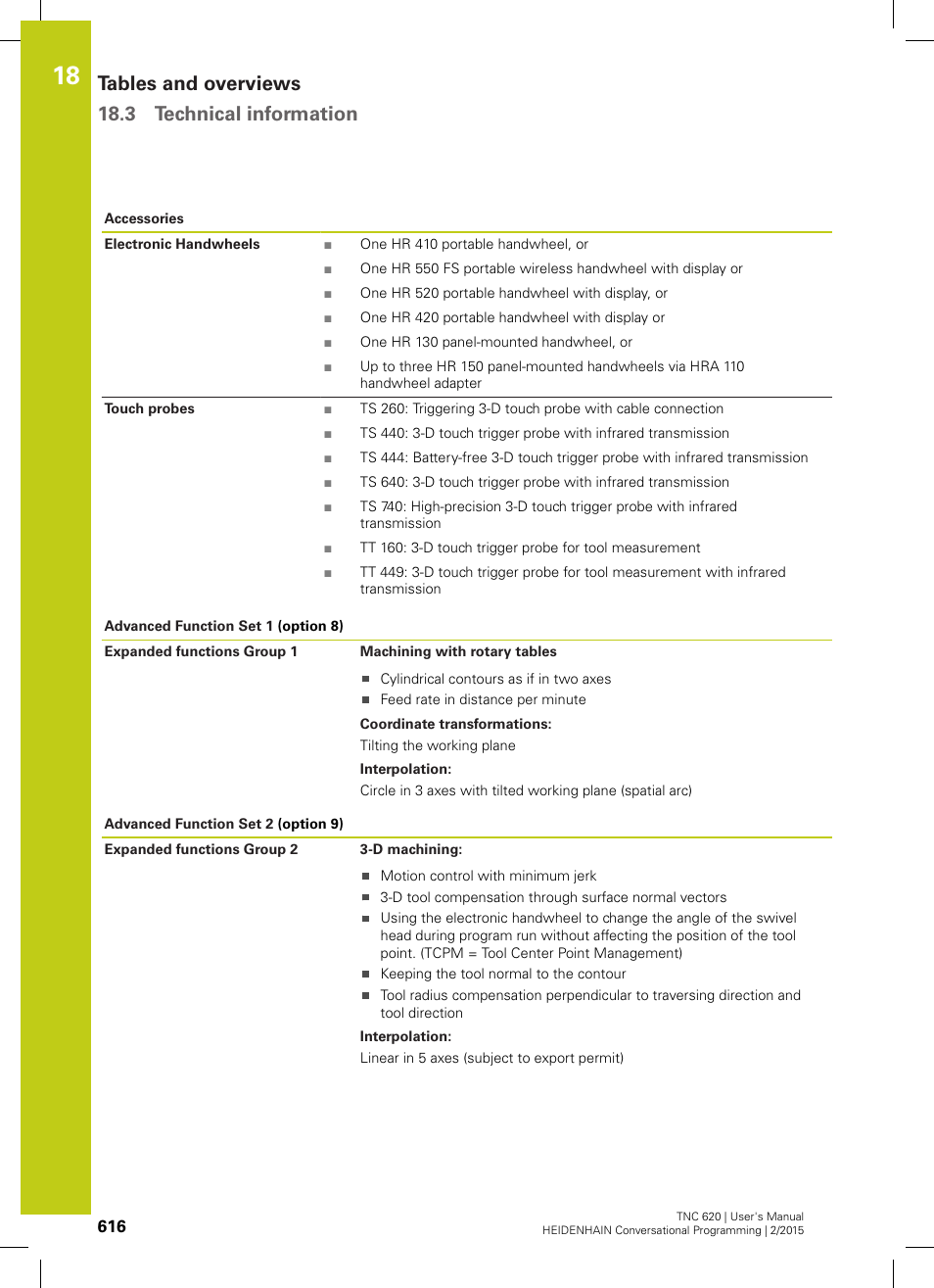 Tables and overviews 18.3 technical information | HEIDENHAIN TNC 620 (81760x-02) User Manual | Page 616 / 656