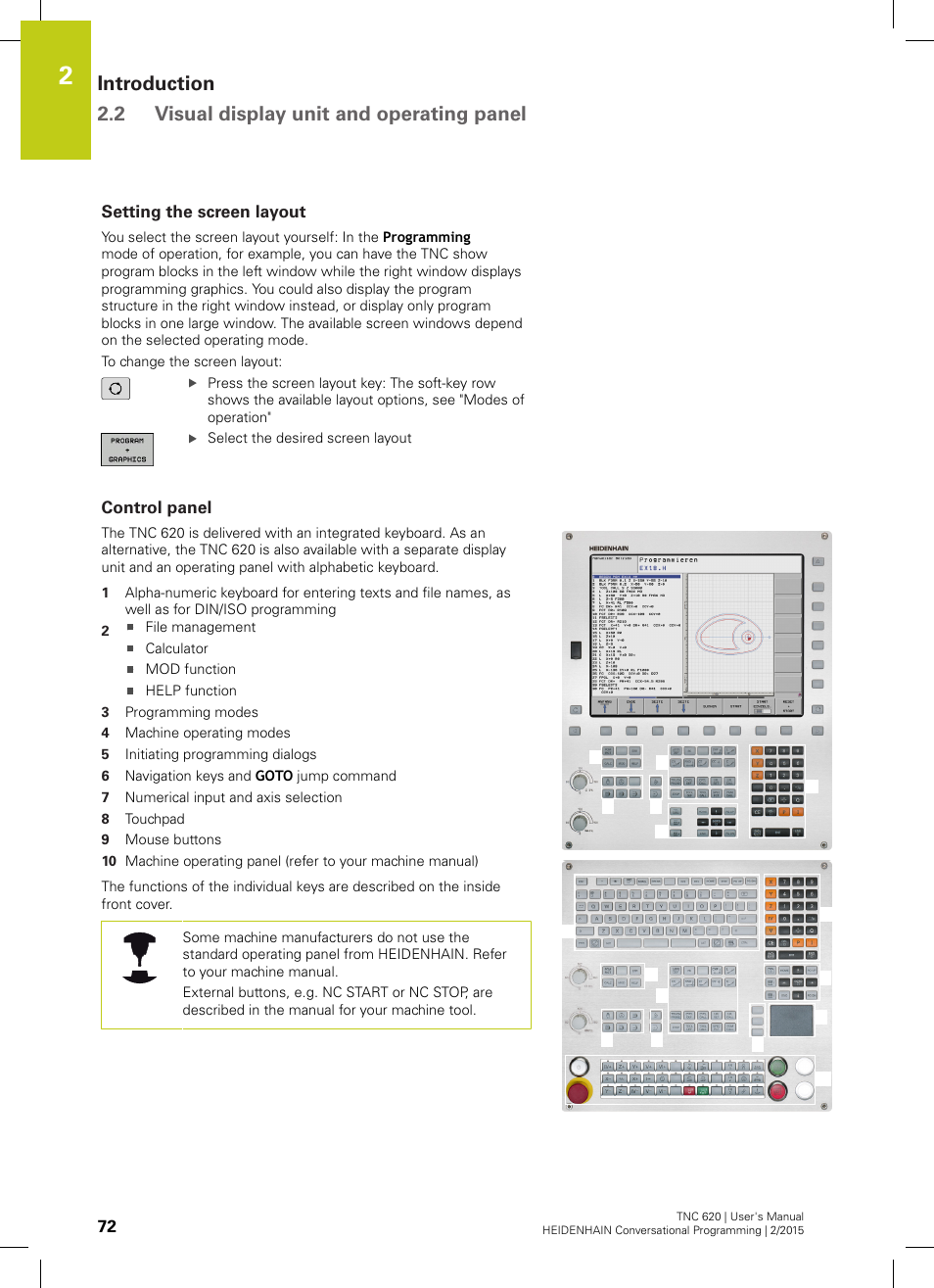 Setting the screen layout, Control panel | HEIDENHAIN TNC 620 (81760x-02) User Manual | Page 72 / 656