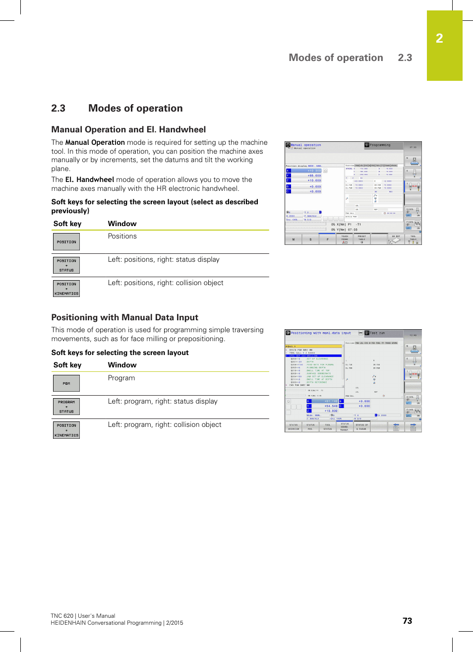 3 modes of operation, Manual operation and el. handwheel, Positioning with manual data input | Modes of operation, Modes of operation 2.3 | HEIDENHAIN TNC 620 (81760x-02) User Manual | Page 73 / 656