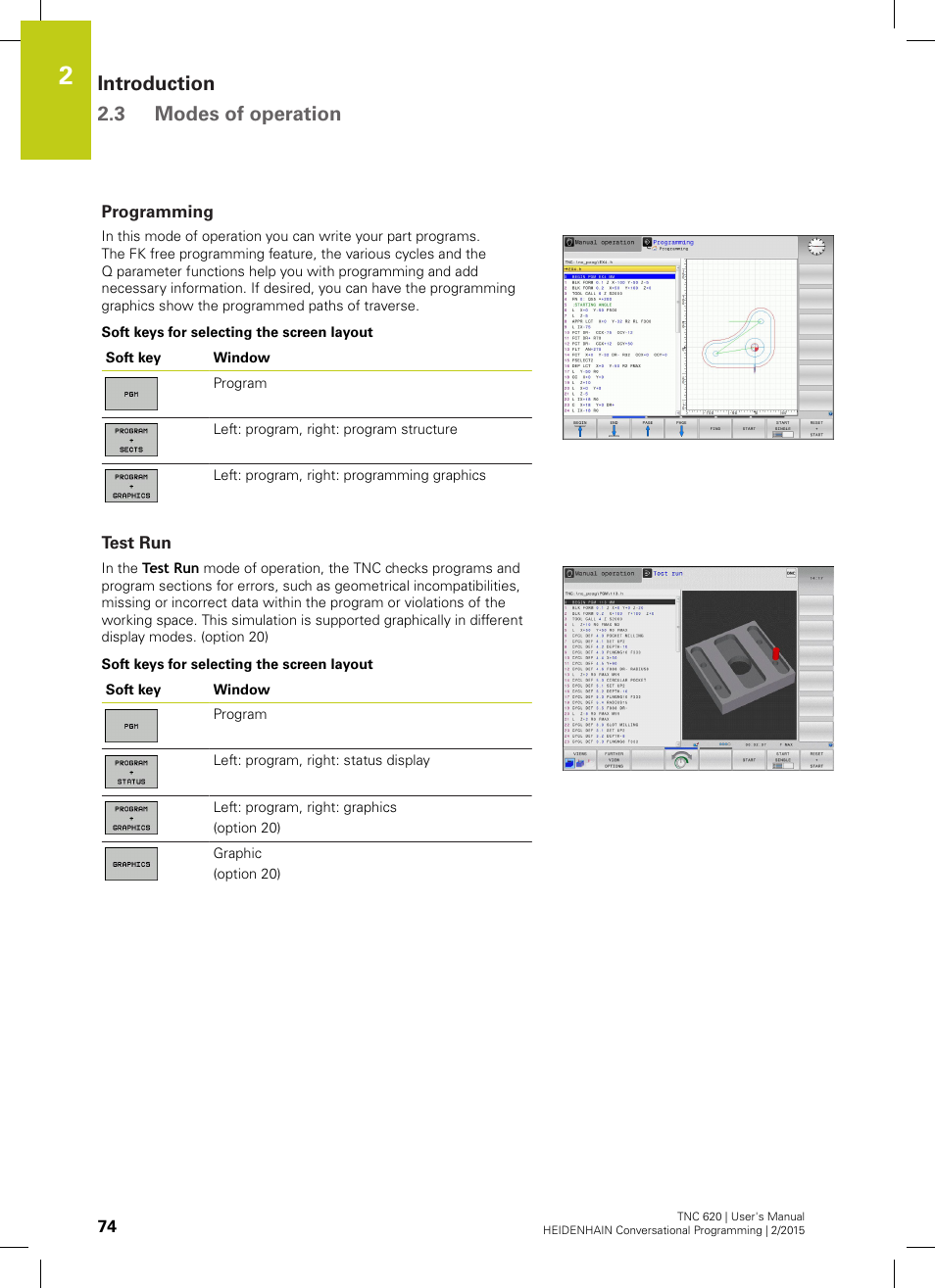 Programming, Test run, Introduction 2.3 modes of operation | HEIDENHAIN TNC 620 (81760x-02) User Manual | Page 74 / 656