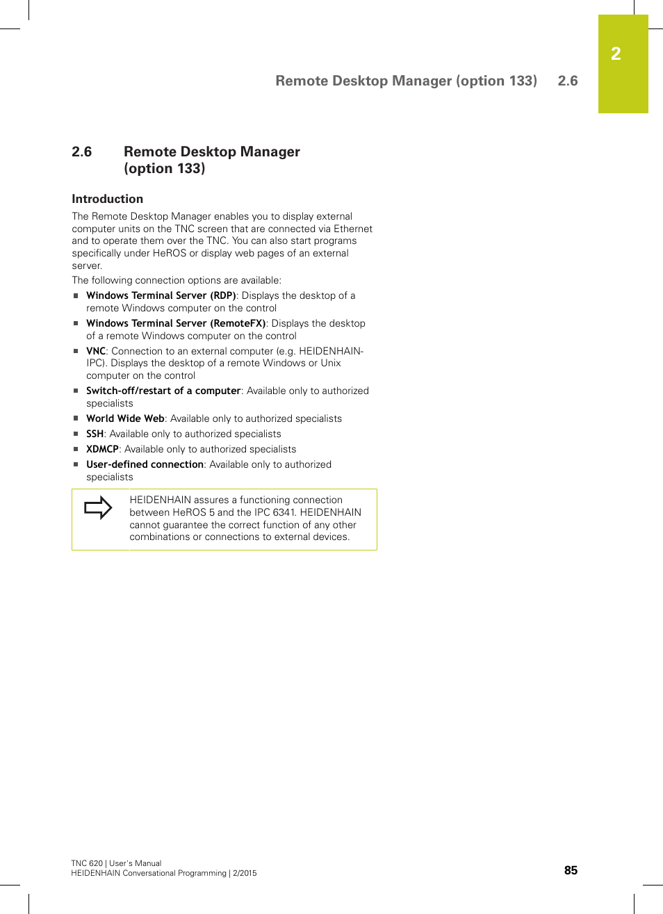 6 remote desktop manager (option 133), Introduction, Remote desktop manager (option 133) | HEIDENHAIN TNC 620 (81760x-02) User Manual | Page 85 / 656