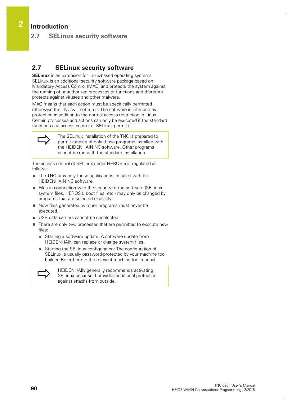 7 selinux security software, Selinux security software, Introduction 2.7 selinux security software | HEIDENHAIN TNC 620 (81760x-02) User Manual | Page 90 / 656