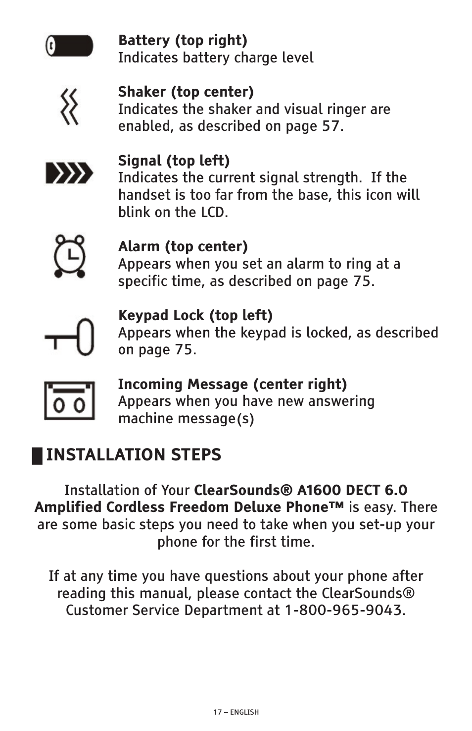 Installation steps | ClearSounds PHONE A1600 User Manual | Page 17 / 96