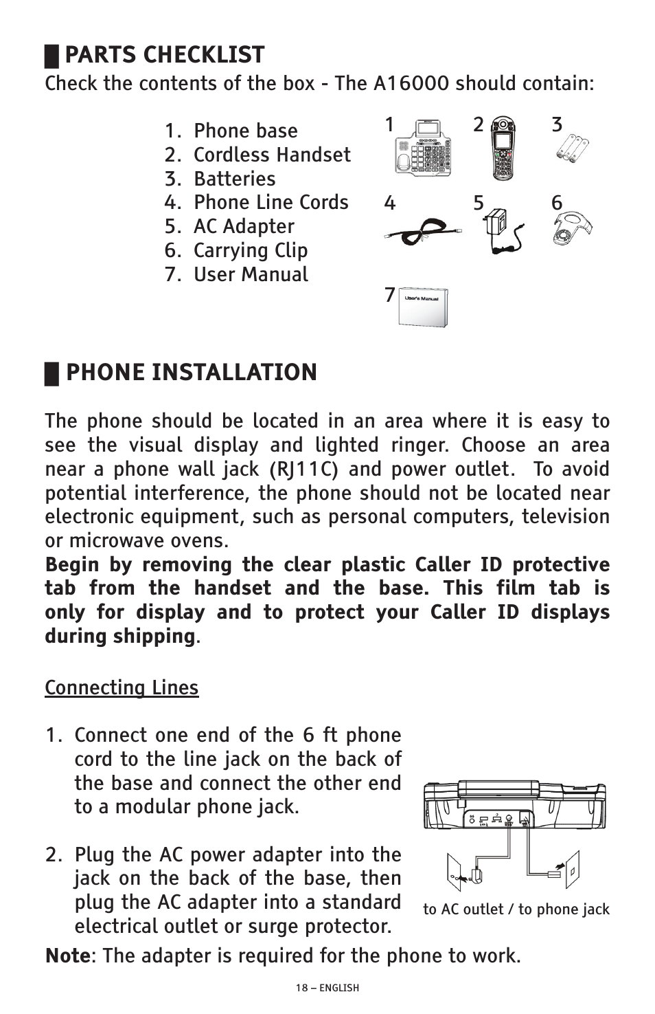 Parts checklist, Phone installation | ClearSounds PHONE A1600 User Manual | Page 18 / 96