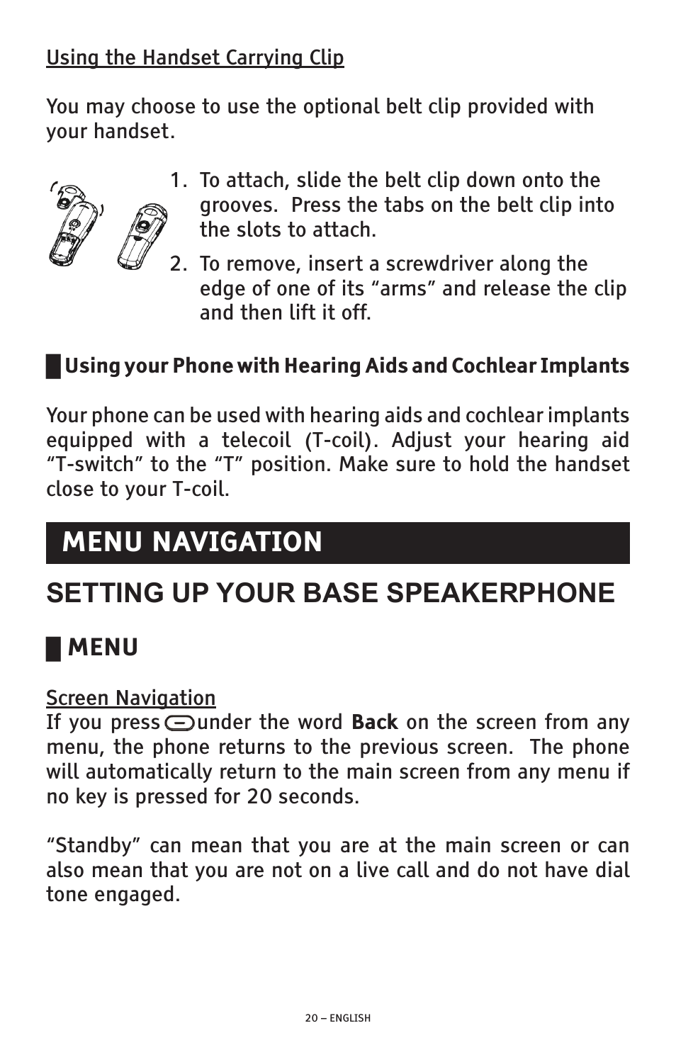 Setting up your base speakerphone, Menu navigation, Menu | ClearSounds PHONE A1600 User Manual | Page 20 / 96