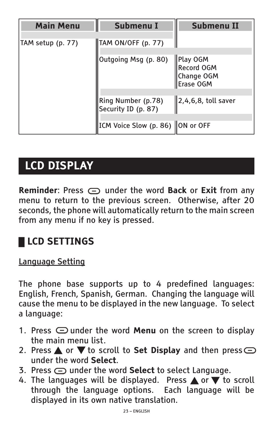 Lcd display, Lcd settings | ClearSounds PHONE A1600 User Manual | Page 23 / 96