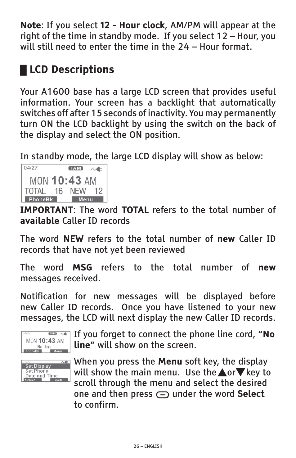 Lcd descriptions | ClearSounds PHONE A1600 User Manual | Page 26 / 96