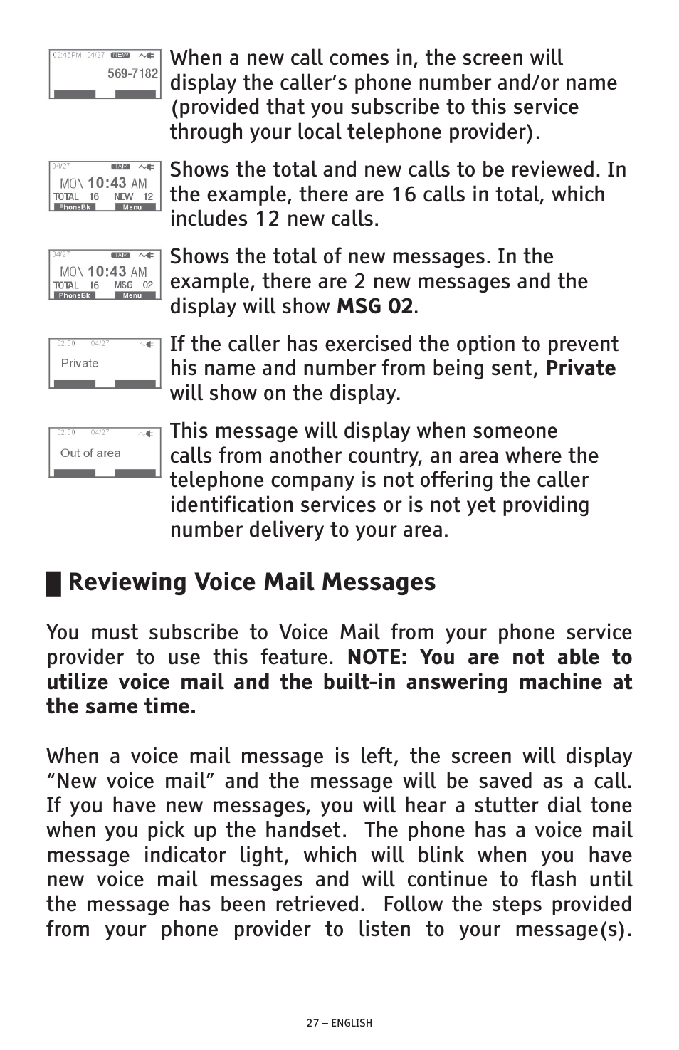 Reviewing voice mail messages | ClearSounds PHONE A1600 User Manual | Page 27 / 96