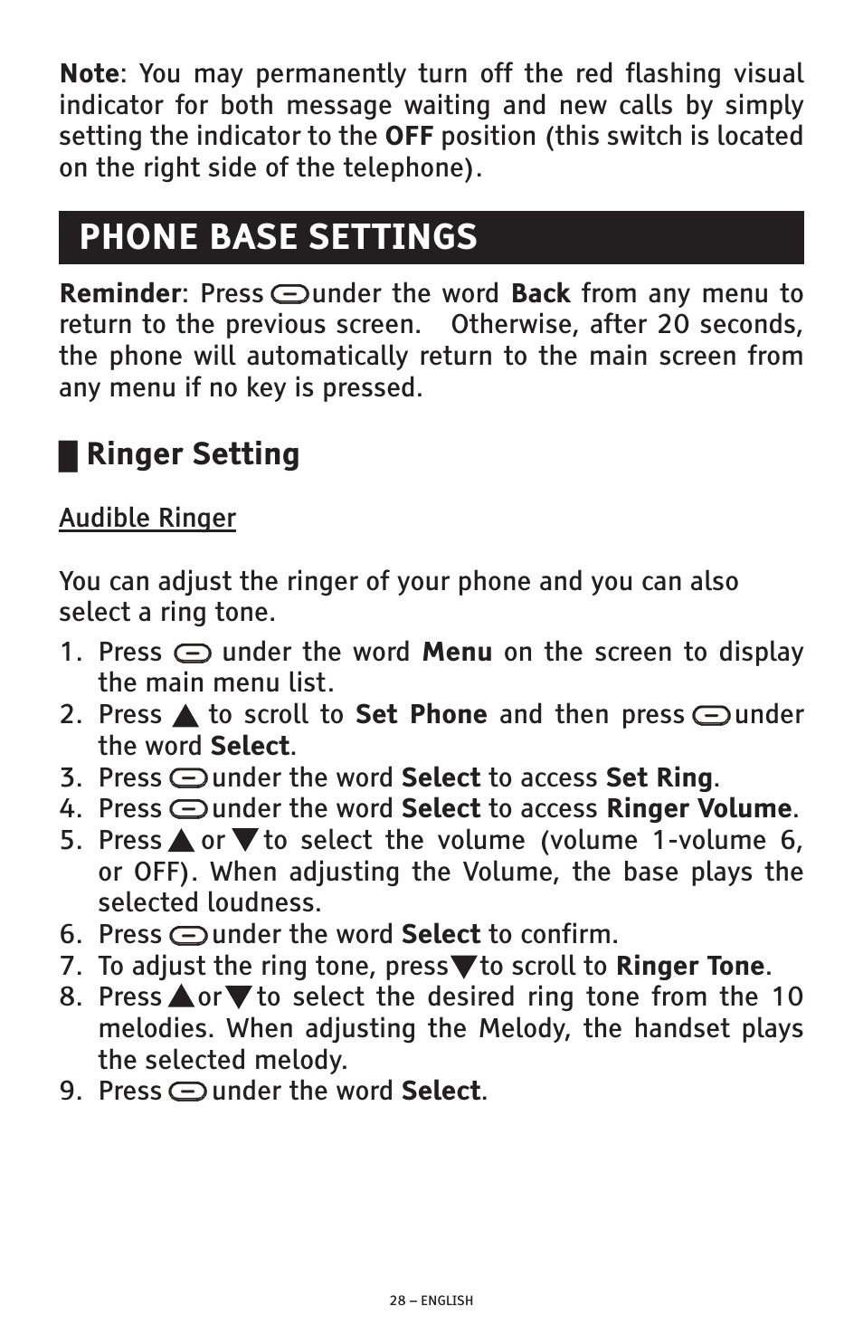 Phone base settings, Ringer setting | ClearSounds PHONE A1600 User Manual | Page 28 / 96